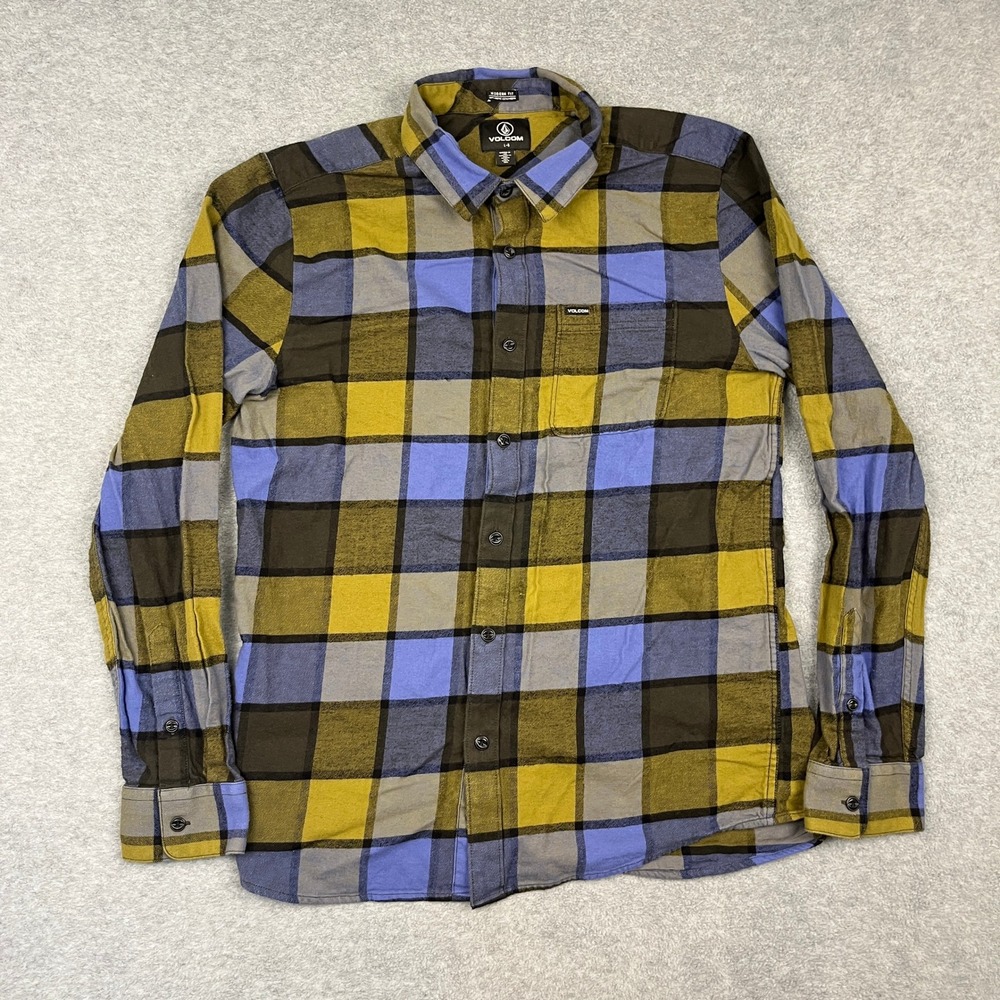 Volcom Shirt Mens Large Yellow Blue Plaid Modern Fit Flannel Long Sleeve Skate